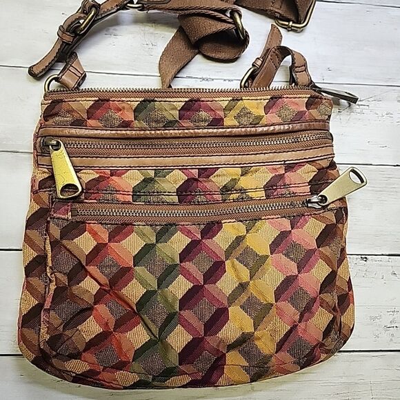 Vintage Fossil Multicolor Geometric Pattern Canvas/Leather Shoulder Bag Purse - Picture 4 of 11